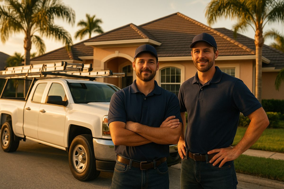 The Suncoast Roofing Pros team in front of a work truck