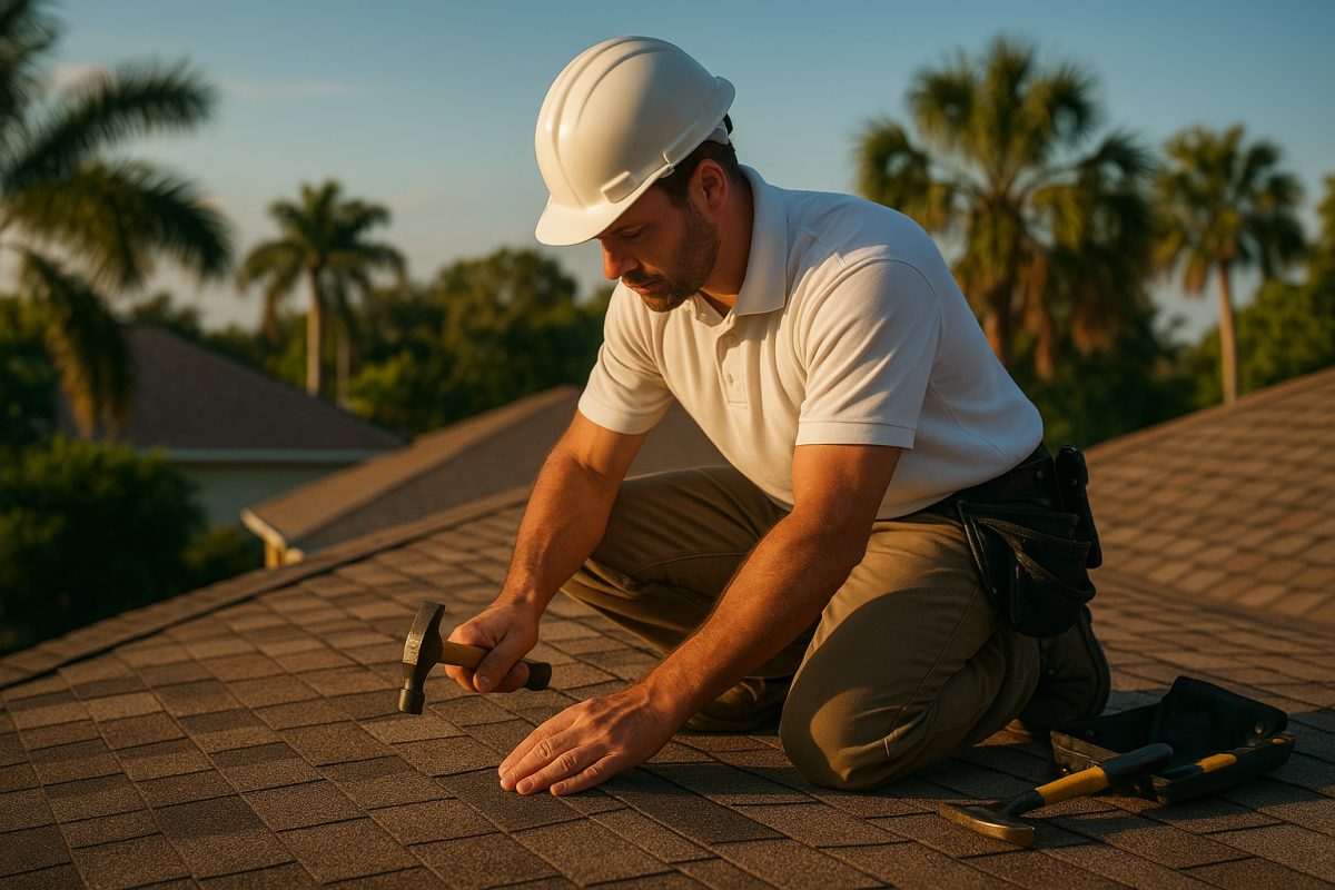 A Suncoast Roofing Pros contractor installing shingles on a Florida home